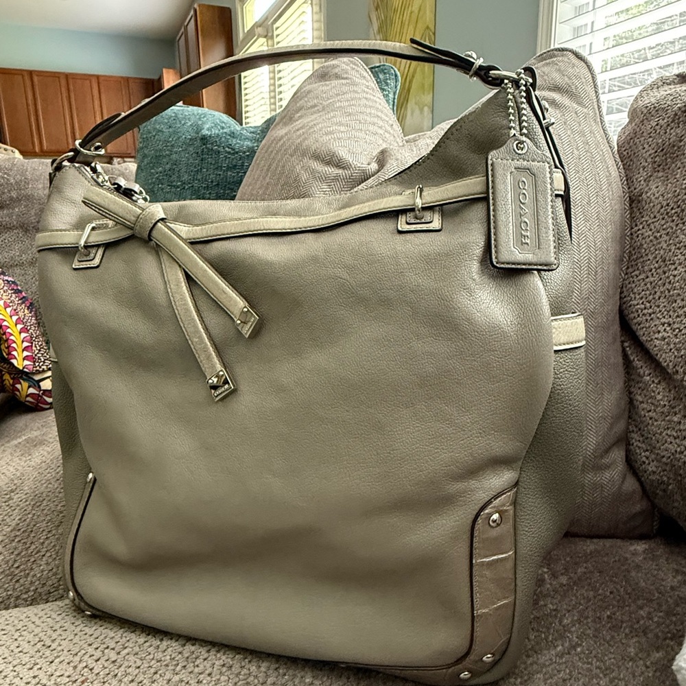 Coach Gray Hobo Bag with Pebbled Leather and Silver Hardware